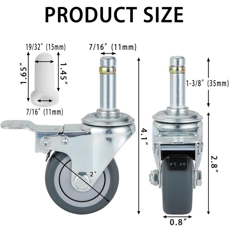 Finnhomy 2 Inches Stem Caster Wheels Set of 4 Heavy Duty 7/16 Inch Stem Diameter Swivel Locking Casters Replacement Wheels for Utility Cart/Mop Bucket/Wet & Dry Vacuum/Grills/Shop Mechanic Stool - Image 2